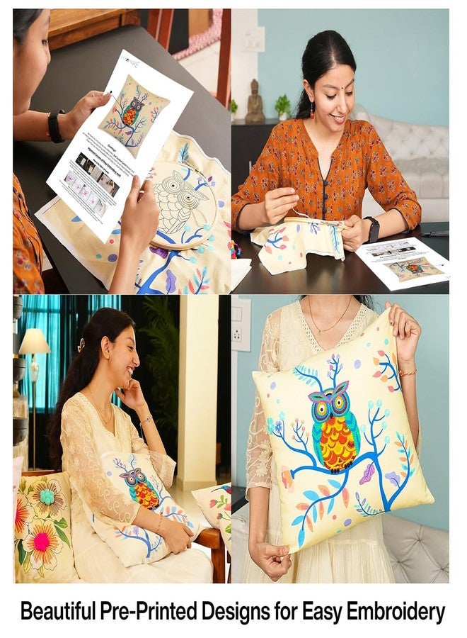 picknMAKE Cover/Pillow Cushion Craft DIY Bliss Owl Majestic with Beginners for Set Kit Embroidery Hand Cover Cushion DIY 2 of Set |16 "X16|Patterns Embroidery Printed Digitally|Included Materials All - Image 3